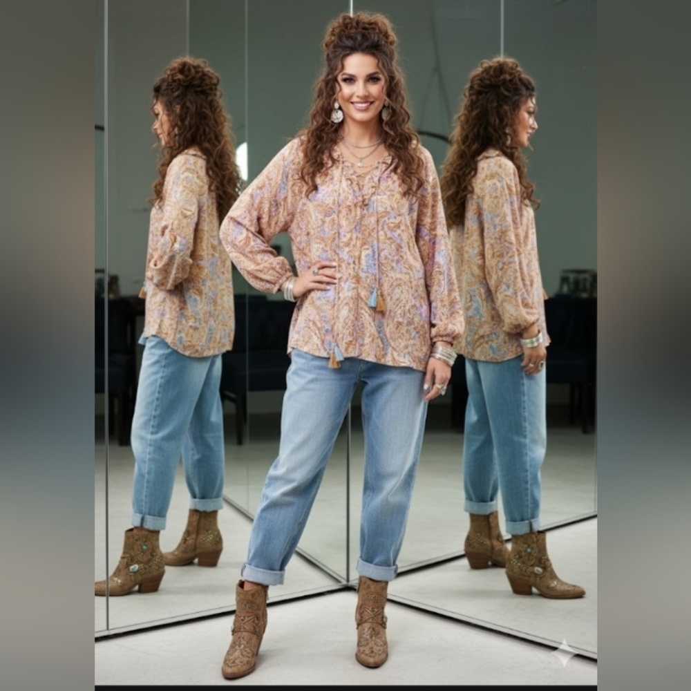 Boho Paisley Top Floral Artisy Tassel Cottage Popover Ruffle Flowy Top 2XL New